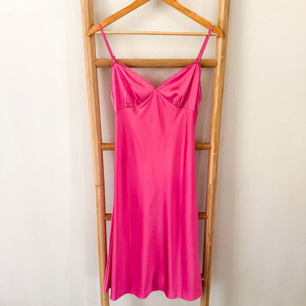 Sunday Best Pink Satin Midi Slip Dress Medium M Lace Trim Y2K Aritzia